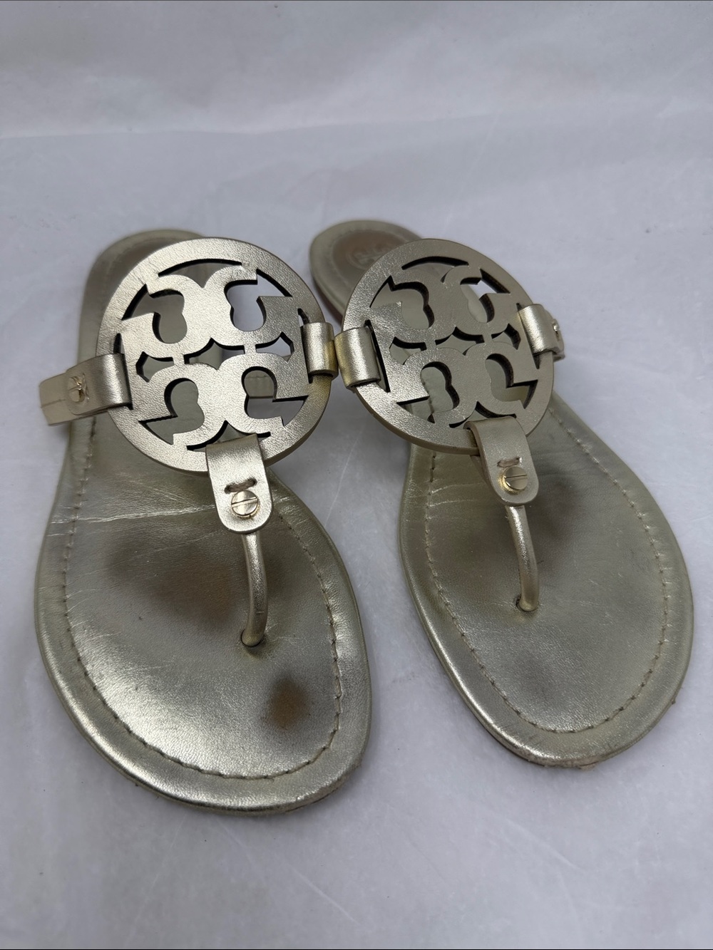 Tory Burch Metallic Gold Miller Logo Thong Sandals - Women Size 9